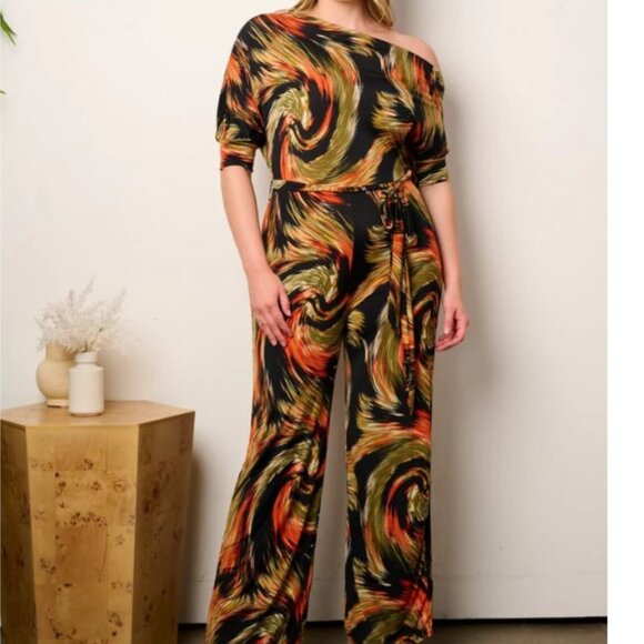 JANETTE PLUS SIZE off Shoulder Swirl Print Wide Leg Jumpsuit NWT 1X, 2X, 3X - Picture 2 of 8